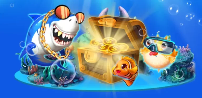 ฉากเกมยิงปลาแสดงการยิงเป้าหมายในจอเกม